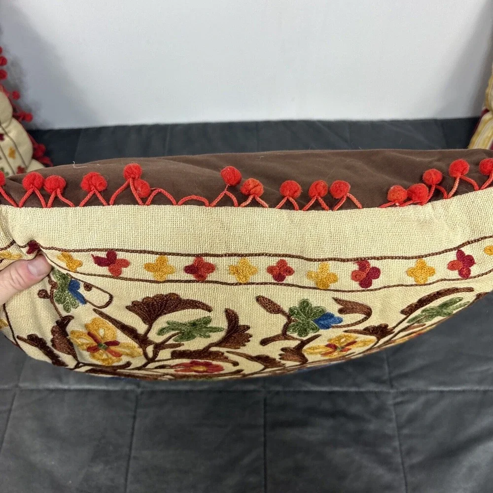 Pier 1 Embroidered Boho Pillows 2 Throw & 1 Lumbar Floral Stripe Earthy Neutrals